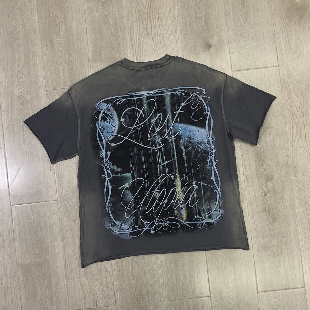 "Camiseta Oversize Vintage con Brillo, Cuello Redondo, Algodón Suave y Diamantes de Imitación."