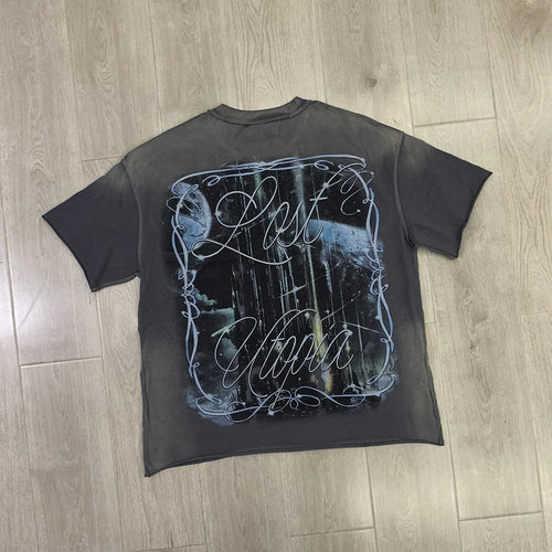 "Camiseta Oversize Vintage con Brillo, Cuello Redondo, Algodón Suave y Diamantes de Imitación."