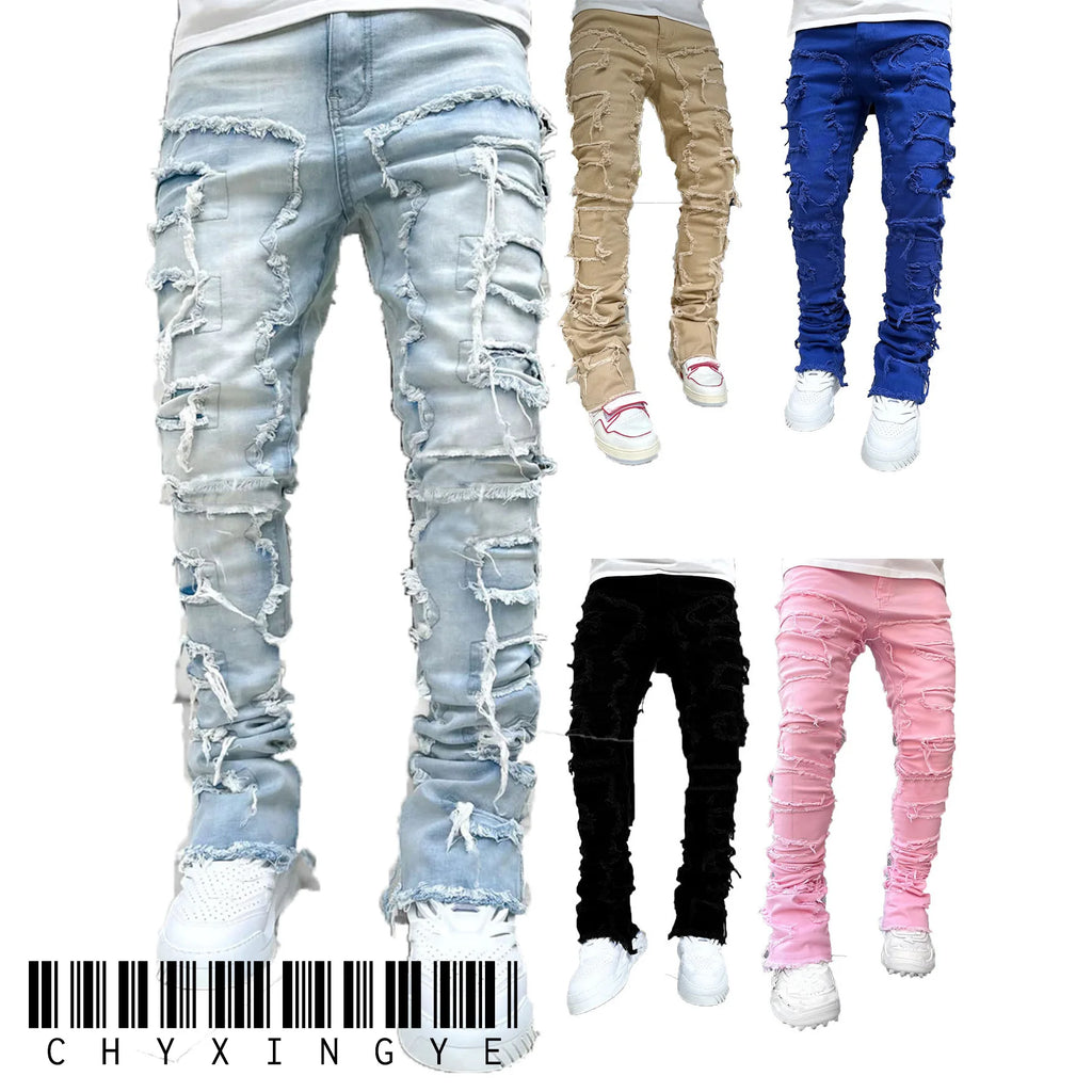 "Pantalones Vaqueros Hip Hop, Ajuste Regular, Estilo Urbano con Detalles Desgastados y Parches. Perfectos para un look callejero y moderno."