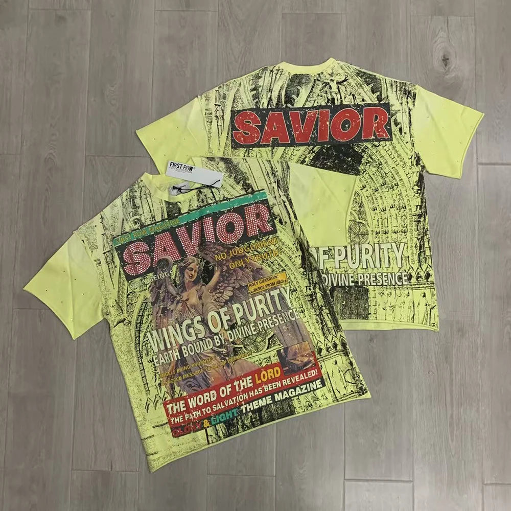 "Camiseta Oversize Vintage con Brillo, Cuello Redondo, Algodón Suave y Diamantes de Imitación."