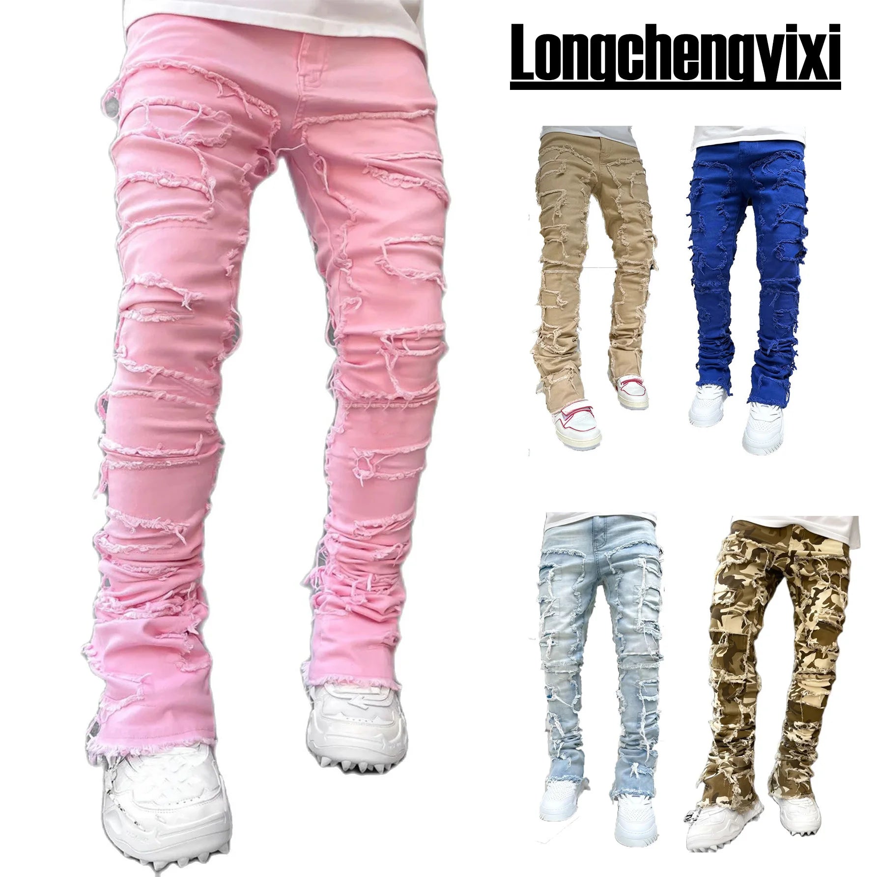 "Pantalones Vaqueros Hip Hop, Ajuste Regular, Estilo Urbano con Detalles Desgastados y Parches. Perfectos para un look callejero y moderno."