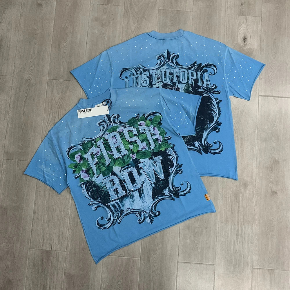 "Camiseta Oversize Vintage con Brillo, Cuello Redondo, Algodón Suave y Diamantes de Imitación."