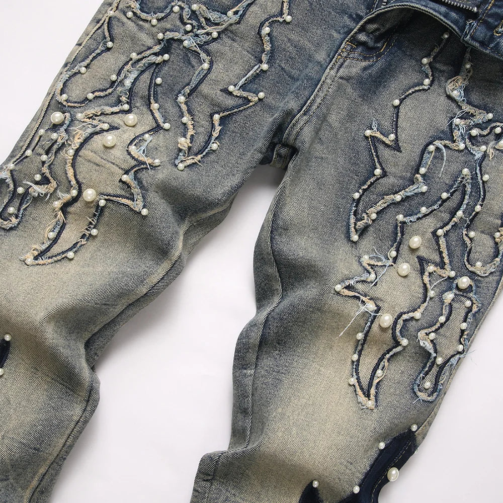 "Pantalones vaqueros vintage para hombre, acampanados con bordado y perlas, estilo retro casual".