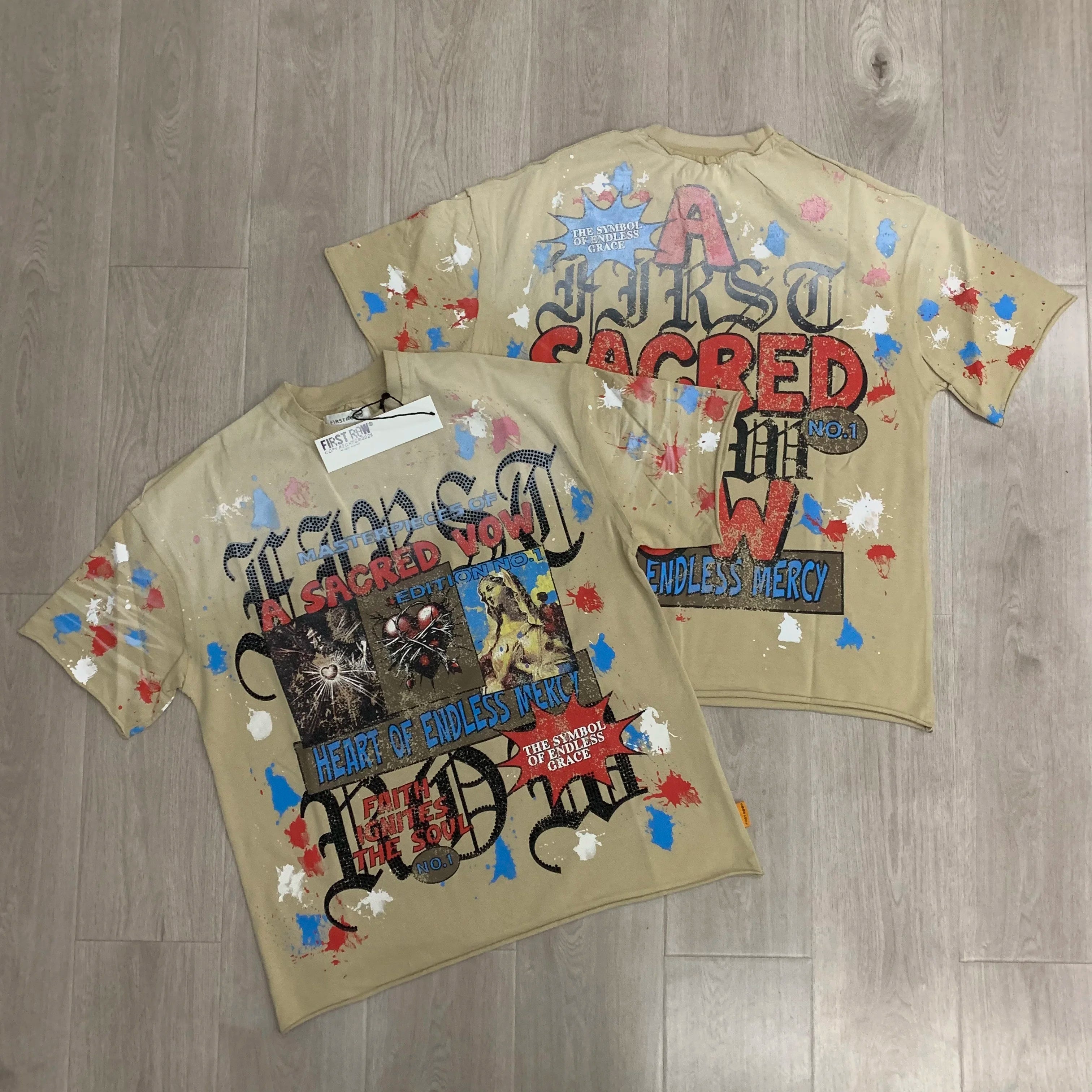 "Camiseta Oversize Vintage con Brillo, Cuello Redondo, Algodón Suave y Diamantes de Imitación."
