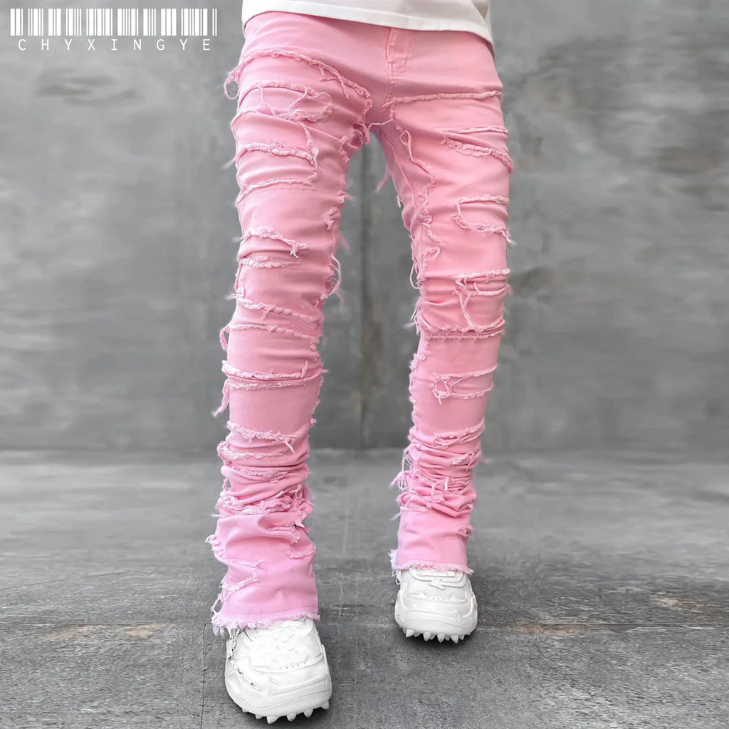 "Pantalones Vaqueros Hip Hop, Ajuste Regular, Estilo Urbano con Detalles Desgastados y Parches. Perfectos para un look callejero y moderno."