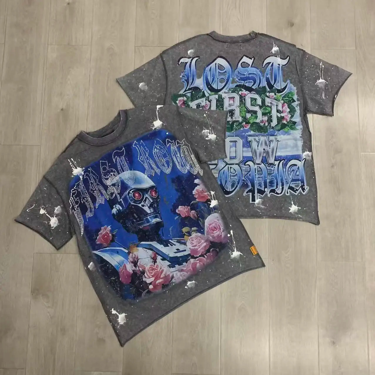 "Camiseta Oversize Vintage con Brillo, Cuello Redondo, Algodón Suave y Diamantes de Imitación."