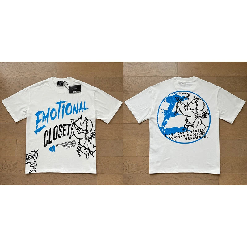 "Camiseta Unisex con estampado de Ángel, mezcla de tejidos, ideal para el streetwear en pareja. Cuello redondo, manga corta y un diseño moderno para brillar en verano."
