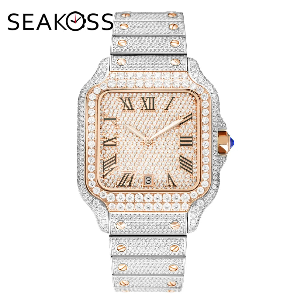    Reloj SEAKOSS de 40 mm con Diamantes de Moissanita, Reloj de Pulsera Mecánico Automático, Estilo Hip Hop, Joyería de Lujo