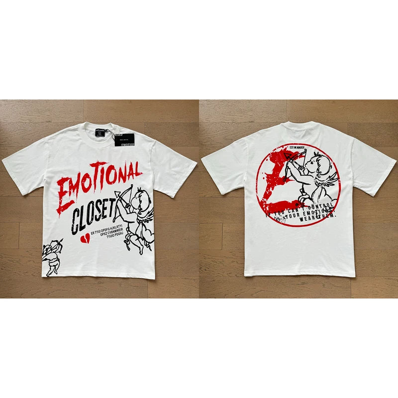 "Camiseta Unisex con estampado de Ángel, mezcla de tejidos, ideal para el streetwear en pareja. Cuello redondo, manga corta y un diseño moderno para brillar en verano."