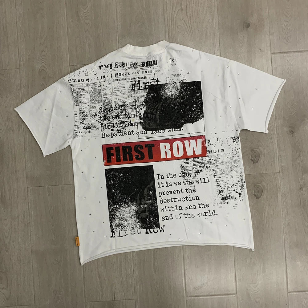 "Camiseta Oversize Vintage con Brillo, Cuello Redondo, Algodón Suave y Diamantes de Imitación."
