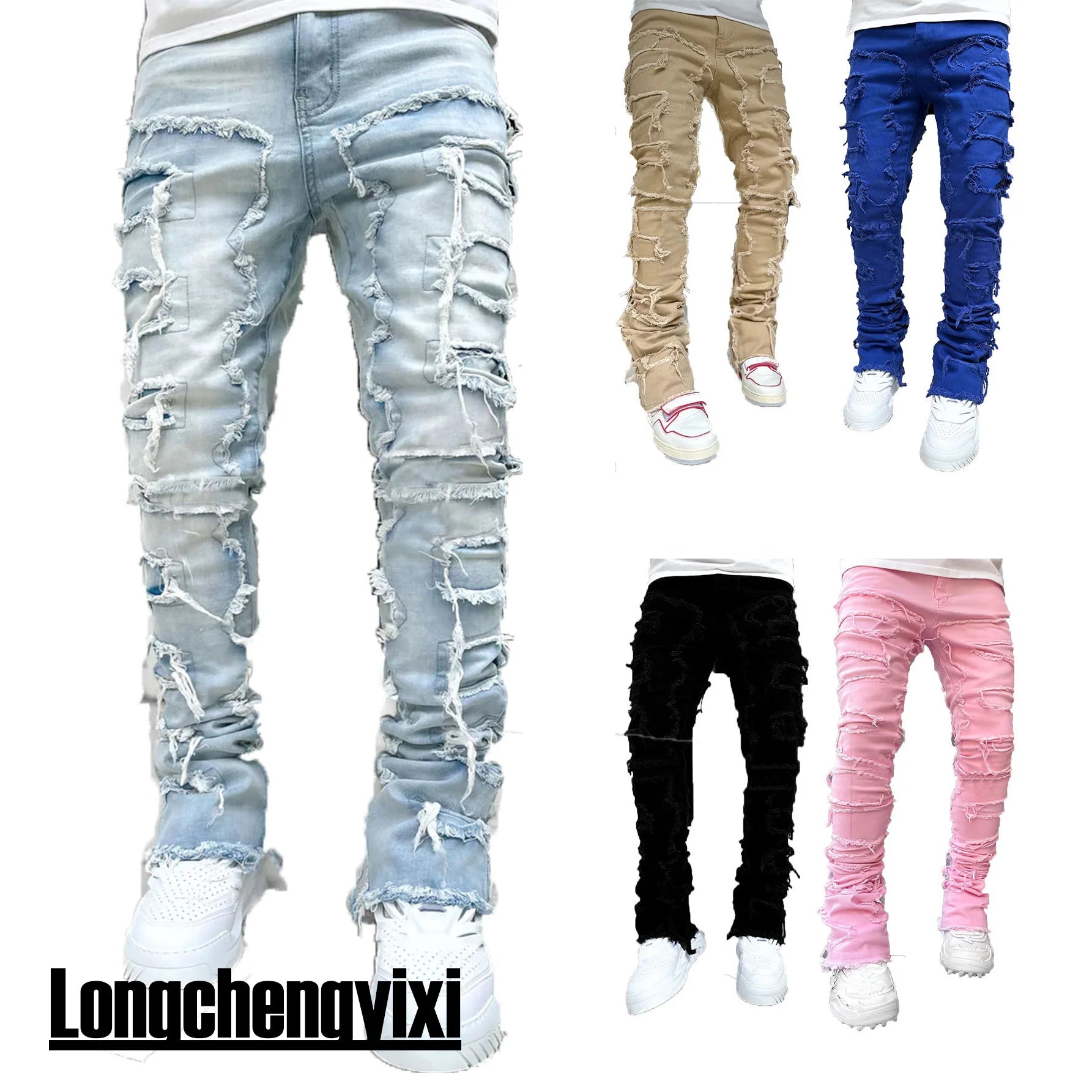 "Pantalones Vaqueros Hip Hop, Ajuste Regular, Estilo Urbano con Detalles Desgastados y Parches. Perfectos para un look callejero y moderno."