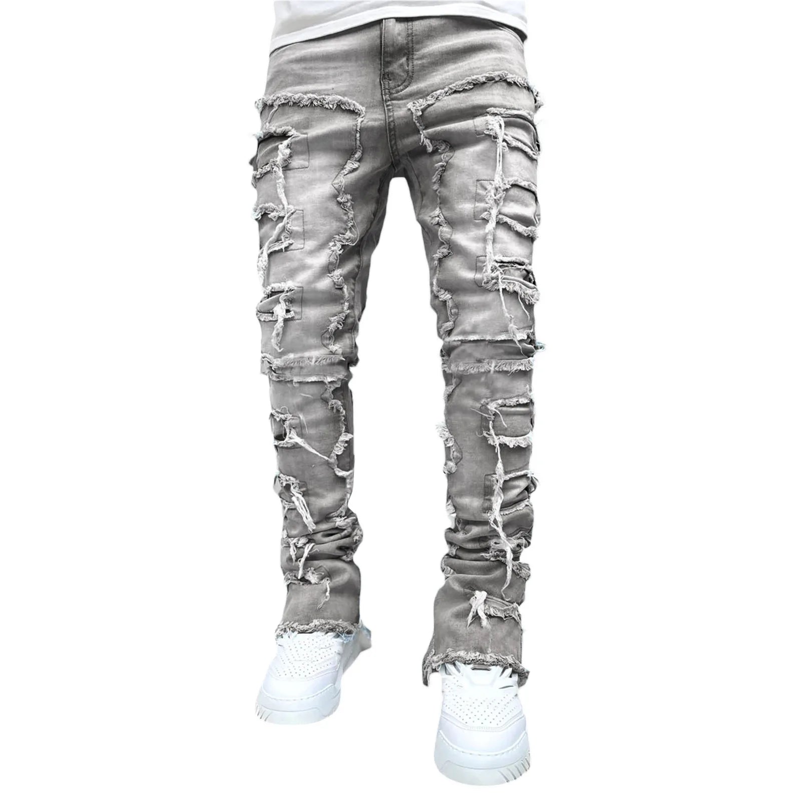 "Pantalones Vaqueros Hip Hop, Ajuste Regular, Estilo Urbano con Detalles Desgastados y Parches. Perfectos para un look callejero y moderno."