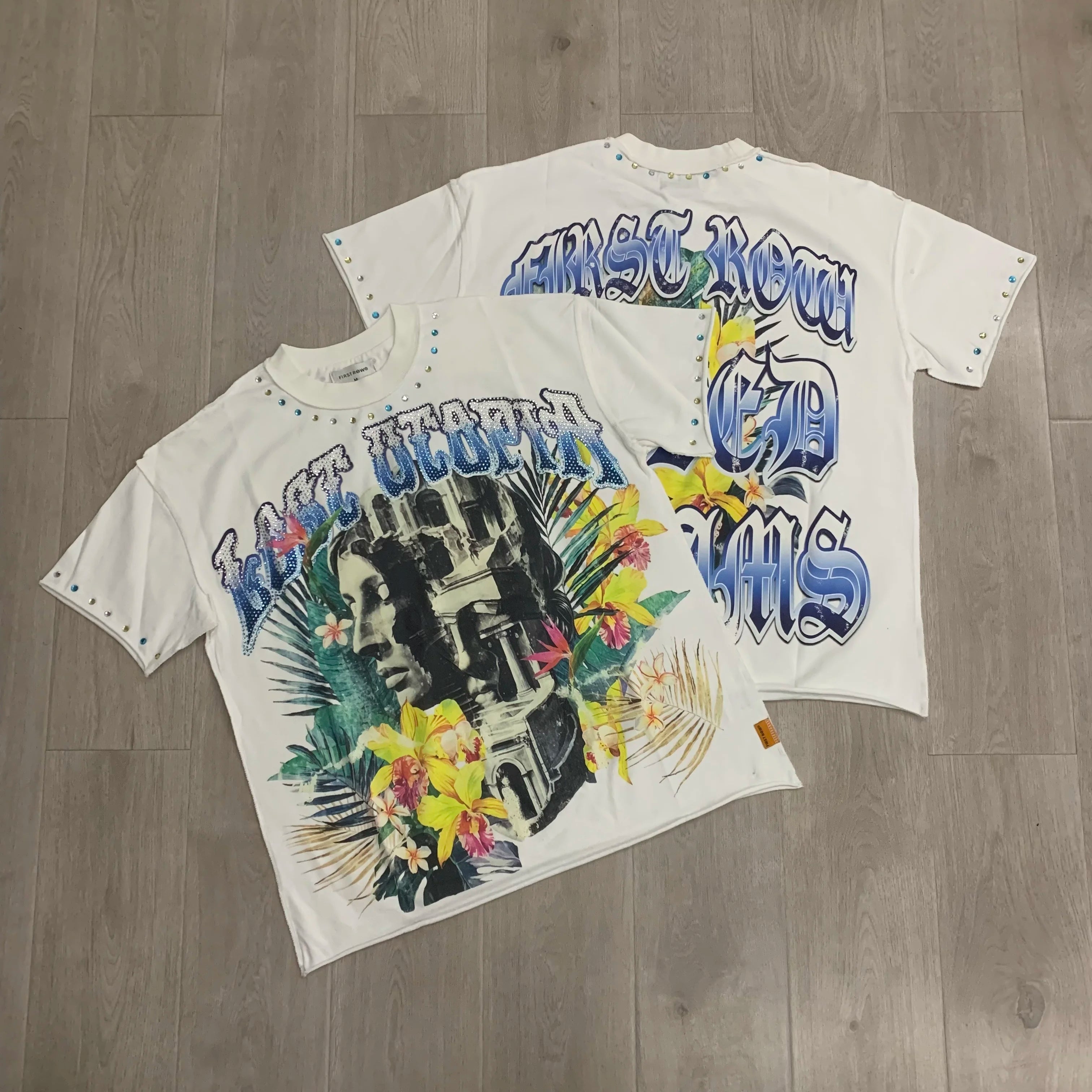 "Camiseta Oversize Vintage con Brillo, Cuello Redondo, Algodón Suave y Diamantes de Imitación."