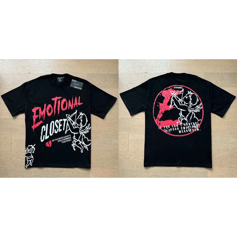 "Camiseta Unisex con estampado de Ángel, mezcla de tejidos, ideal para el streetwear en pareja. Cuello redondo, manga corta y un diseño moderno para brillar en verano."
