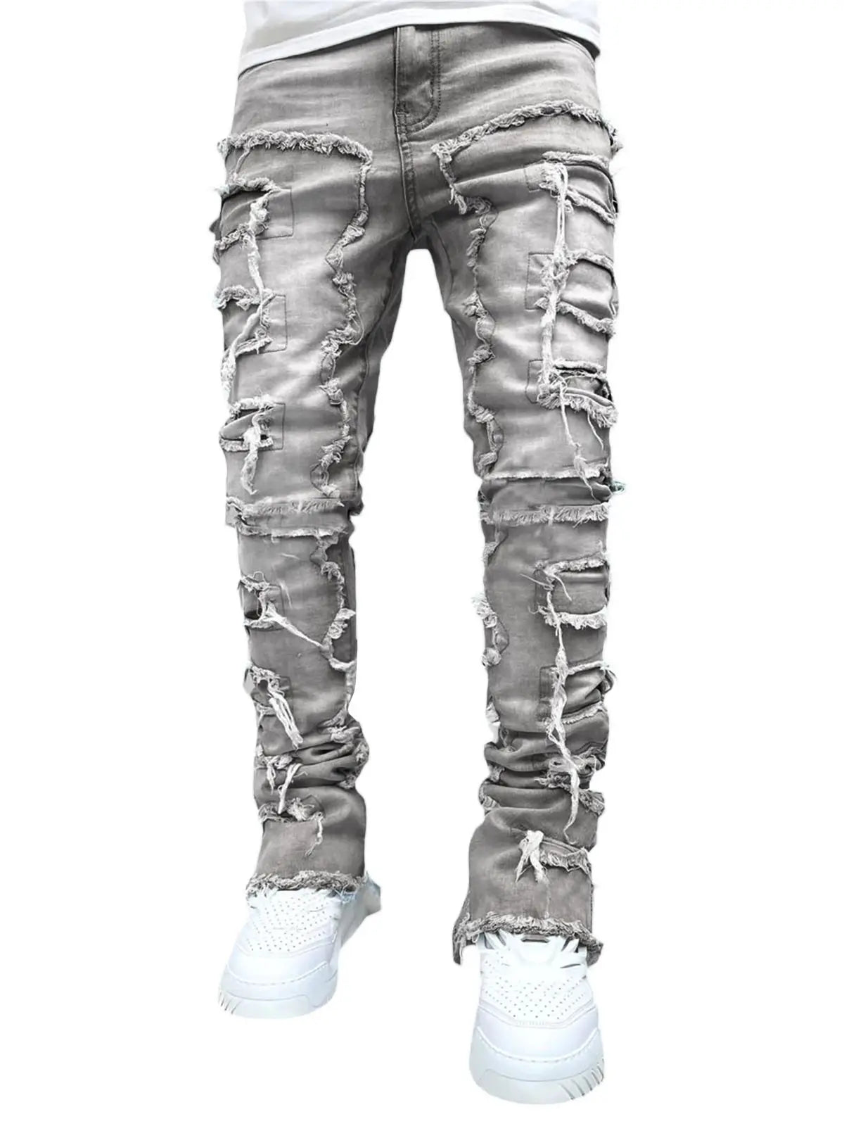 "Pantalones Vaqueros Hip Hop, Ajuste Regular, Estilo Urbano con Detalles Desgastados y Parches. Perfectos para un look callejero y moderno."