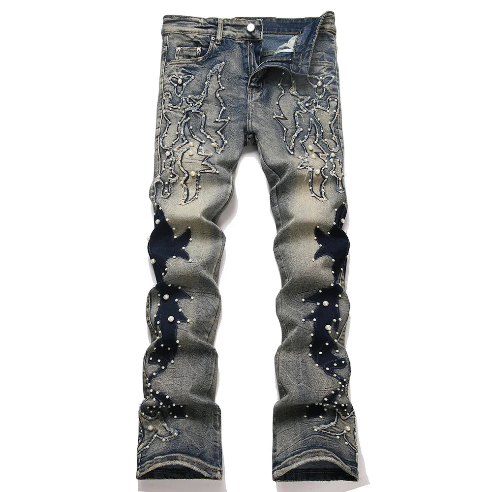"Pantalones vaqueros vintage para hombre, acampanados con bordado y perlas, estilo retro casual".